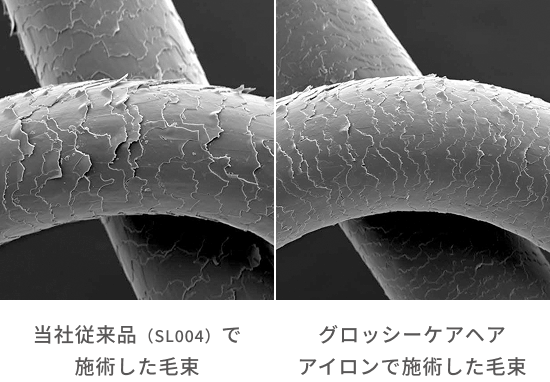 当社従来品（SL004）で施術した毛束 グロッシーケアヘアアイロンで施術した毛束